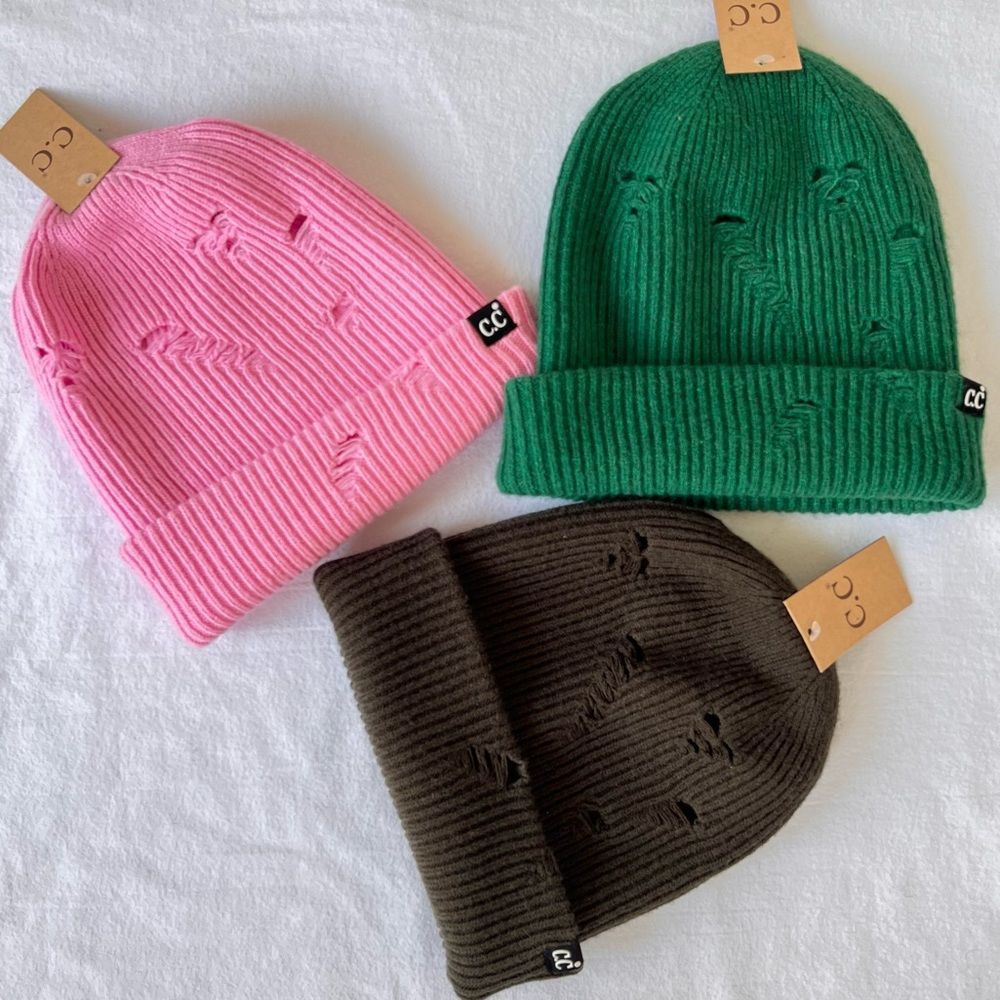 C.C beanie winter hat BUNDLE AND SAVE pink green olive moss holes distressed